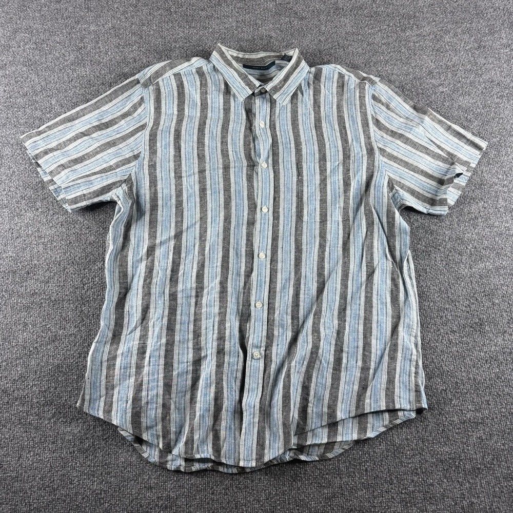 Perry Ellis Shirt Mens XL Gray Stripe Linen Short Sleeve Button Up Lightweight